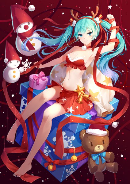 Anime picture 2381x3366 with vocaloid hatsune miku akage kage single long hair tall image looking at viewer highres blue eyes light erotic smile twintails cleavage full body nail polish barefoot horn (horns) aqua hair christmas antlers