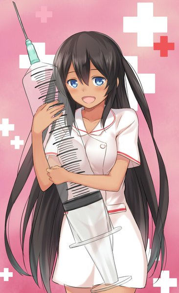 Anime picture 610x1000 with captain earth studio bones mutou hana cccpo long hair tall image blush open mouth blue eyes black hair nurse girl syringe