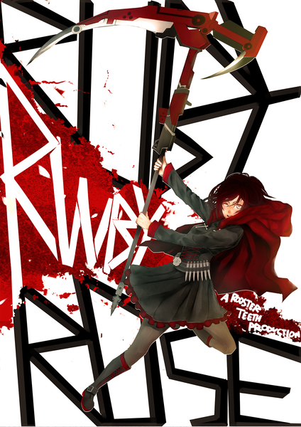 Anime picture 1414x2000 with rwby rooster teeth ruby rose tagme (artist) single tall image looking at viewer blush short hair open mouth smile red hair character names silver eyes girl skirt weapon pantyhose boots belt