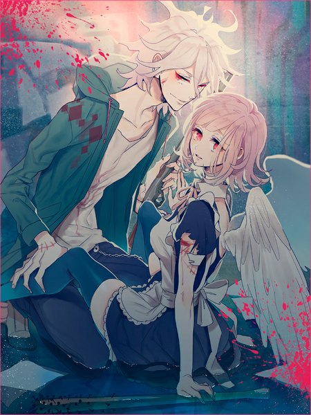 Anime picture 677x902 with dangan ronpa super dangan ronpa 2 nanami chiaki komaeda nagito inseki tarou long hair tall image looking at viewer short hair red eyes sitting pink hair white hair parted lips pink eyes fingernails lips arm support maid spread legs