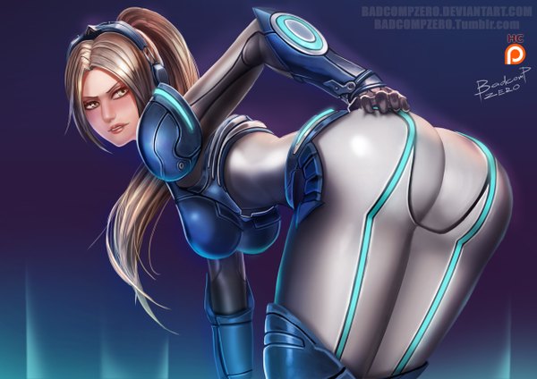 Anime picture 1256x888 with starcraft blizzard entertainment nova (starcraft) badcompzero single long hair breasts light erotic ass ponytail lips grey hair grey eyes leaning leaning forward girl bodysuit suit