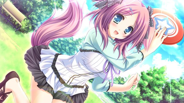 Anime picture 1280x720 with sekai to sekai no mannaka de akane haruka moekibara fumitake single blush short hair open mouth blue eyes wide image animal ears pink hair game cg tail animal tail girl dress bow plant (plants) hair bow tree (trees)