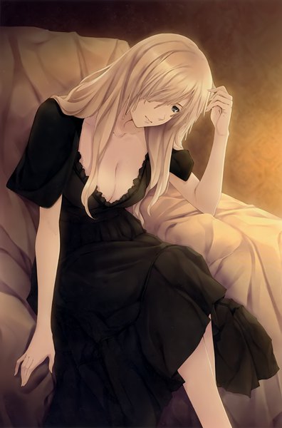 Anime picture 2640x4000 with pp: pianissimo souma aoi sugina miki single long hair tall image fringe highres breasts light erotic blonde hair smile cleavage light smile black eyes scan hair over one eye official art adjusting hair girl