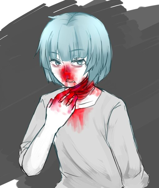 Anime picture 1679x1978 with wadanohara and the great blue sea fukami bioshitto single tall image fringe short hair open mouth blue eyes blue hair looking away grey background alternate costume blood on face bleeding nosebleed boy blood bandage (bandages) t-shirt