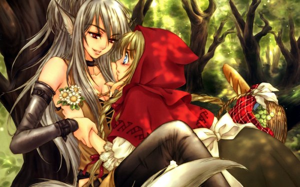 Anime picture 1680x1050 with little red riding hood little red riding hood (character) big bad wolf sakura shio long hair blush highres blue eyes blonde hair red eyes wide image multiple girls animal ears tail braid (braids) grey hair shoujo ai wolf ears wolf tail wolf girl