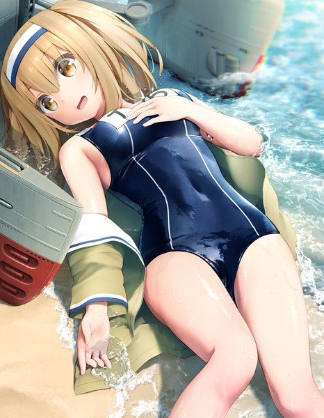Anime picture 840x1080 with kantai collection i-26 (kantai collection) haribote (tarao) single tall image short hair breasts open mouth light erotic blonde hair yellow eyes bent knee (knees) lying open jacket wet on back thighs shiny skin covered navel hand on chest