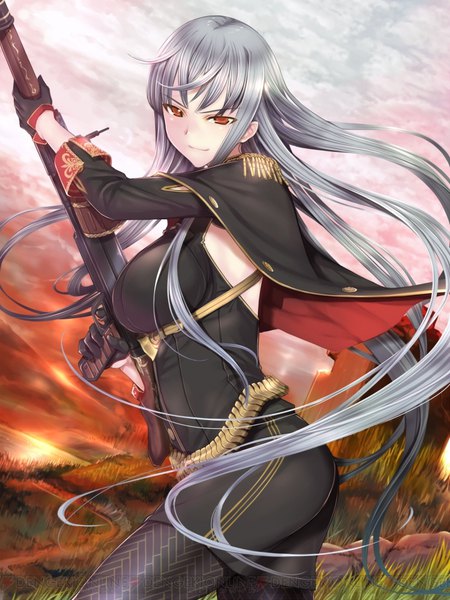 Anime picture 720x960 with valkyria chronicles selvaria bles mikazuki akira single tall image looking at viewer fringe breasts light erotic smile red eyes standing holding silver hair cloud (clouds) ass very long hair head tilt huge breasts turning head