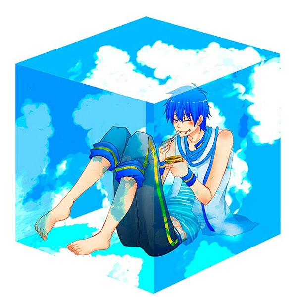 Anime picture 1024x1024 with vocaloid kaito (vocaloid) kamu (artist) single blush short hair smile sitting blue hair sky cloud (clouds) eyes closed barefoot eating boy food sweets scarf ice cream cube
