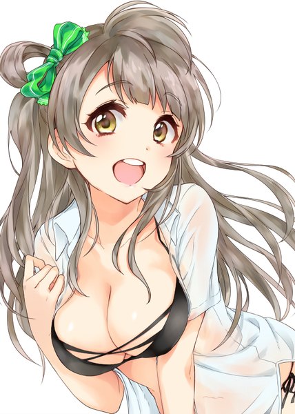 Anime picture 571x800 with love live! school idol project sunrise (studio) love live! minami kotori kanzume shima single long hair tall image looking at viewer breasts open mouth light erotic simple background brown hair large breasts white background yellow eyes open clothes leaning open shirt