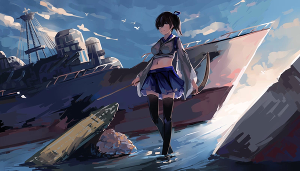 Anime picture 1600x914 with kantai collection kaga aircraft carrier .l.l single short hair breasts brown hair wide image brown eyes looking away sky ponytail bare belly zettai ryouiki side ponytail girl thighhighs skirt navel hair ornament