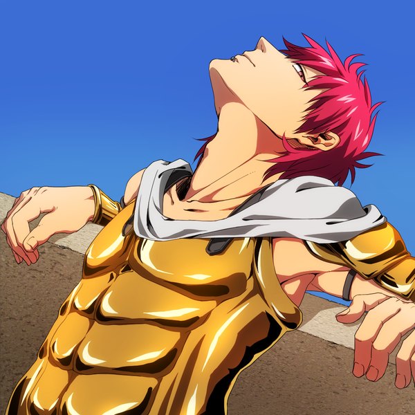 Anime picture 1024x1024 with magi the labyrinth of magic a-1 pictures masrur single looking at viewer short hair red eyes red hair profile piercing boy armor spaulder (spaulders)