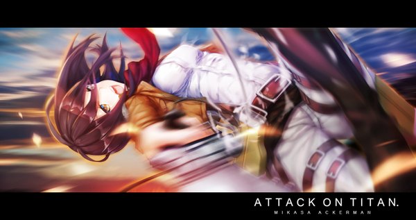 Anime picture 1530x810 with shingeki no kyojin production i.g mikasa ackerman yilan single short hair open mouth black hair wide image brown eyes battle girl weapon sword jacket boots belt scarf thigh strap red scarf