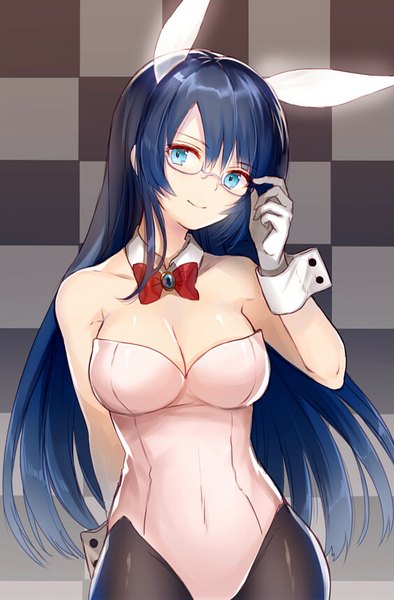 Anime picture 564x857 with hayama eishi single long hair tall image fringe breasts blue eyes light erotic large breasts standing animal ears blue hair looking away head tilt light smile bunny ears covered navel fake animal ears arm behind back checkered