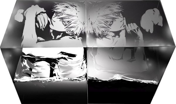Anime picture 1009x600 with bleach studio pierrot kurosaki ichigo hatabolic (pixiv) short hair open mouth simple background wide image white background sitting bare shoulders multiple boys finger to mouth monochrome hands clasped back to back dual persona boy water 2 boys