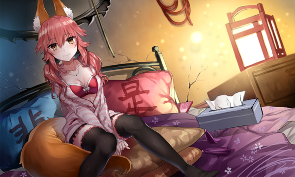 Anime picture 1000x600 with fate (series) fate/extra tamamo (fate) (all) tamamo no mae (fate) shirako miso single long hair looking at viewer blush fringe light erotic smile hair between eyes wide image sitting twintails brown eyes animal ears payot pink hair