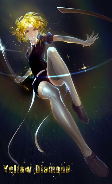 Anime picture 1181x1941 with houseki no kuni yellow diamond (houseki no kuni) hei mao de jin tong single tall image short hair blonde hair holding yellow eyes full body ahoge parted lips sparkle puffy sleeves character names outstretched arm androgynous midair thighhighs gloves