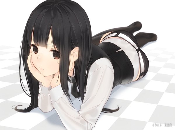 Anime picture 1200x892 with original ama mitsuki single long hair looking at viewer black hair brown eyes lying no shoes on stomach checkered floor floor chin rest girl shirt belt pants vest