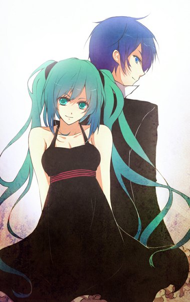 Anime picture 700x1108 with vocaloid hatsune miku kaito (vocaloid) izayoi kura long hair tall image short hair breasts blue eyes twintails bare shoulders blue hair looking back aqua eyes aqua hair couple gradient background hands behind back girl dress
