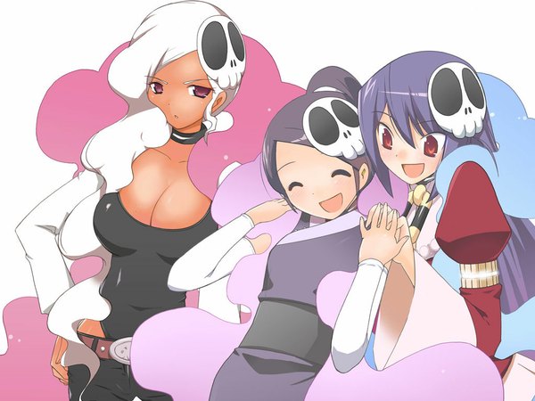 Anime picture 1024x768 with kami nomi zo shiru sekai elsea de lute irma haqua du lot herminium nora floriann leoria wakaki tamiki long hair blush breasts open mouth smile red eyes multiple girls cleavage purple hair white hair ponytail eyes closed official art hand on hip holding hands