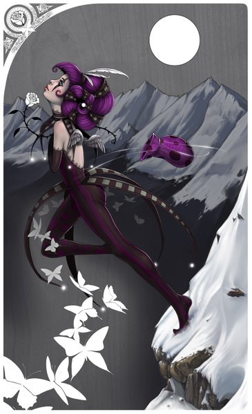 Anime picture 913x1500 with enchantress-lele single tall image short hair blue eyes purple hair lips girl flower (flowers) feather (feathers) clothes