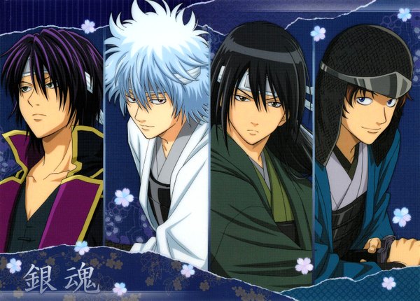 Anime picture 3030x2173 with gintama sunrise (studio) sakata gintoki takasugi shinsuke katsura kotarou sakamoto tatsuma long hair highres short hair blue eyes black hair smile red eyes brown hair brown eyes green eyes silver hair purple hair japanese clothes scan