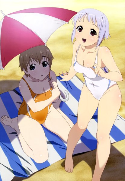 Anime picture 4089x5923 with upotte!! nyantype fnc (upotte!!) l85a1 (upotte!!) tall image blush highres short hair red eyes brown hair multiple girls absurdres white hair official art beach girl 2 girls swimsuit umbrella