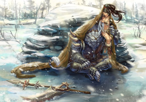 Anime picture 1417x993 with league of legends nidalee (league of legends) rengar (league of legends) mismist long hair light erotic black hair sitting bare shoulders green eyes yellow eyes ponytail teeth fang (fangs) snowing winter snow girl navel weapon