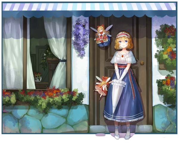 Anime picture 1000x830 with touhou alice margatroid shanghai hourai vetina long hair looking at viewer fringe short hair blue eyes blonde hair smile standing multiple girls holding outdoors flying insect wings closed umbrella adapted costume