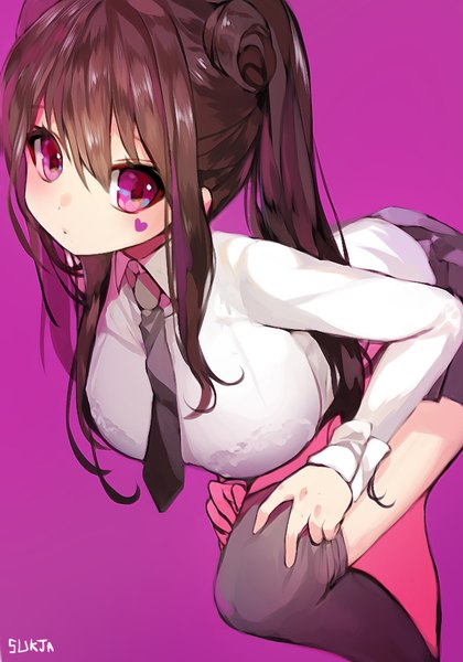 Anime picture 700x1000 with original sorolp single long hair tall image looking at viewer blush fringe breasts light erotic simple background brown hair large breasts standing purple eyes twintails signed bent knee (knees) pleated skirt hair bun (hair buns)