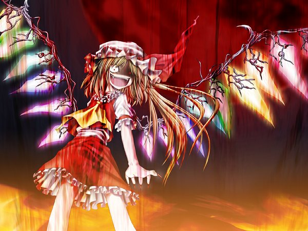 Anime picture 1024x768 with touhou flandre scarlet aozora market single short hair open mouth blonde hair red eyes teeth fang (fangs) crazy girl skirt wings blood bonnet skirt set claws