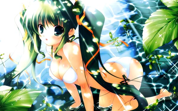 Anime picture 1920x1200 with highres light erotic wide image twintails green eyes green hair girl ribbon (ribbons) swimsuit plant (plants) bikini water white bikini