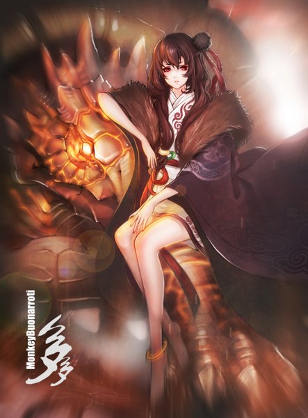 Anime picture 1200x1624 with monkey (weibo) single long hair tall image red eyes brown hair sitting signed barefoot girl ribbon (ribbons) bracelet fur