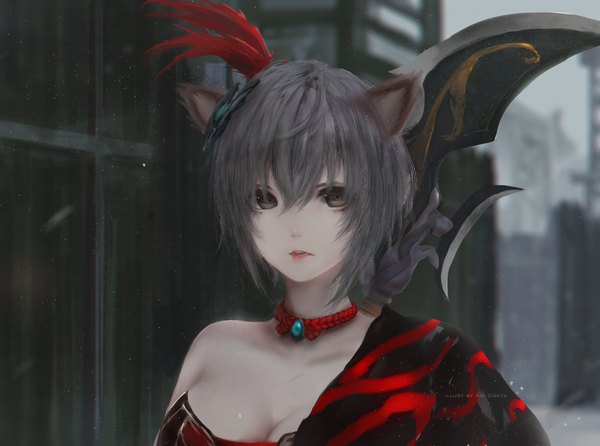 Anime picture 4089x3045 with shin sangoku musou lu lingqi aoi ogata single looking at viewer fringe highres short hair breasts hair between eyes large breasts signed animal ears absurdres outdoors parted lips grey hair blurry cat ears grey eyes