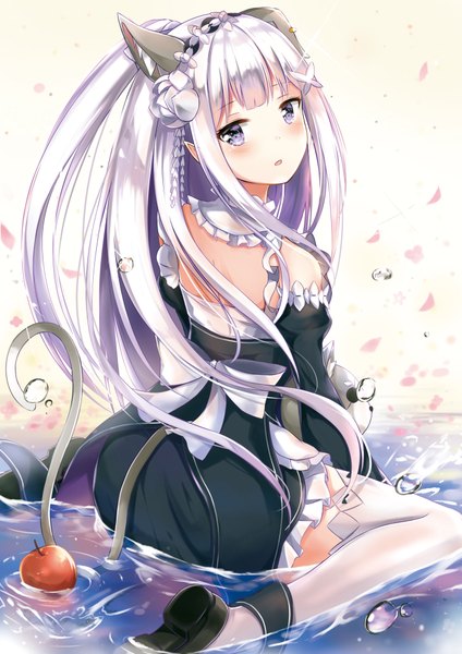 Anime picture 707x1000 with re:zero kara hajimeru isekai seikatsu white fox emilia (re:zero) konka single long hair tall image looking at viewer blush fringe open mouth simple background white background sitting purple eyes bare shoulders silver hair ponytail tail blunt bangs