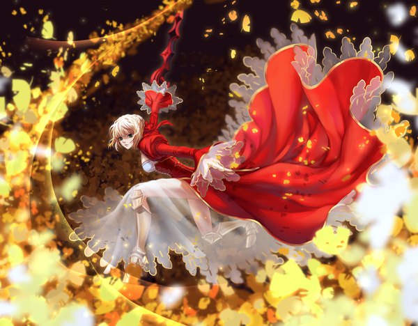 Anime picture 1200x937 with fate (series) fate/extra nero claudius (fate) (all) nero claudius (fate) hei yu single fringe short hair blonde hair green eyes payot full body spread arms girl dress weapon sword armor transparent clothing ginkgo