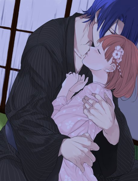 Anime picture 1920x2520 with uta no prince-sama a-1 pictures hijirikawa masato nanami haruka (uta no prince-sama) shiro (author) tall image blush highres short hair sitting blue hair pink hair eyes closed traditional clothes japanese clothes profile couple hug striped girl