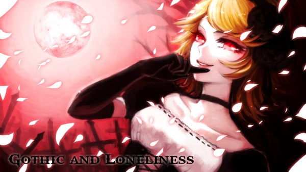 Anime picture 1280x720 with vocaloid kagamine rin single fringe short hair blonde hair smile red eyes wide image inscription alternate costume finger to mouth girl gloves hair ornament flower (flowers) petals choker elbow gloves moon