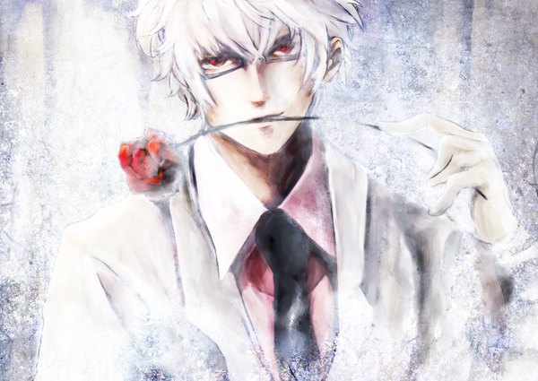 Anime picture 1537x1090 with gintama sunrise (studio) sakata gintoki d.p single short hair simple background red eyes white hair mouth hold flower in mouth boy flower (flowers) glasses necktie rose (roses) suit
