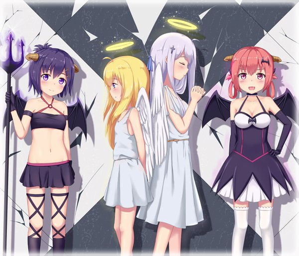 Anime picture 2800x2400 with gabriel dropout doga kobo satanichia kurumizawa mcdowell tenma gabriel white tsukinose vignette april shiraha raphiel ainsworth abwan long hair looking at viewer fringe highres short hair breasts open mouth blue eyes light erotic blonde hair smile standing purple eyes