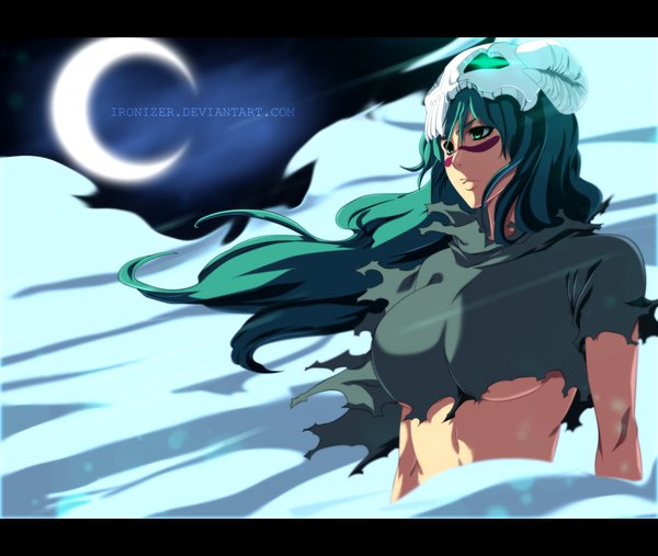 Anime picture 2478x2097 with bleach studio pierrot nelliel tu odelschwanck ironizer single long hair highres light erotic green eyes green hair tattoo coloring torn clothes facial mark letterboxed smoke crescent espada girl moon