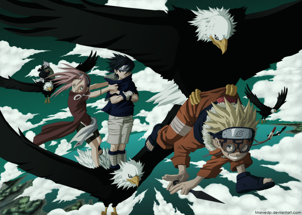 Anime picture 2000x1426 with naruto studio pierrot naruto (series) uzumaki naruto uchiha sasuke haruno sakura hatake kakashi marxedp long hair highres short hair open mouth blue eyes black hair blonde hair smile green eyes pink hair sky cloud (clouds)