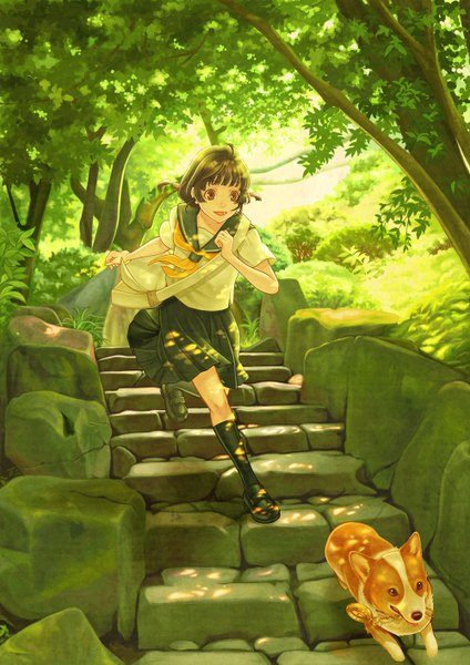 Anime picture 1000x1414 with original cilq single tall image short hair open mouth black hair brown eyes welsh corgi girl skirt plant (plants) animal tree (trees) socks serafuku black socks stairs dog