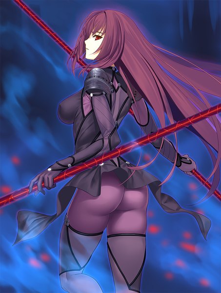 Anime picture 755x1000 with fate (series) fate/grand order scathach (fate) (all) scathach (fate) tsukikanade single long hair tall image breasts light erotic red eyes purple hair ass looking back blue background girl gloves weapon elbow gloves