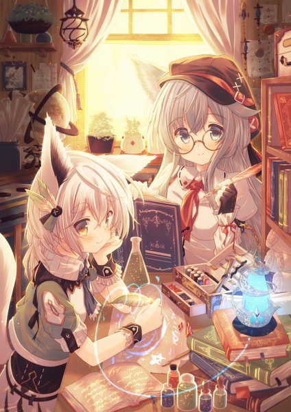 Anime picture 849x1200 with original misaki yuu (dstyle) long hair tall image looking at viewer blush fringe short hair hair between eyes sitting multiple girls holding animal ears yellow eyes payot upper body white hair indoors tail long sleeves