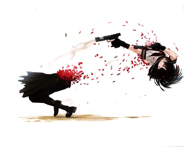 Anime picture 4336x3472 with original kozaki yusuke single highres short hair black hair simple background white background absurdres black eyes torn clothes smoke abstract smoking gun girl thighhighs gloves uniform weapon black thighhighs