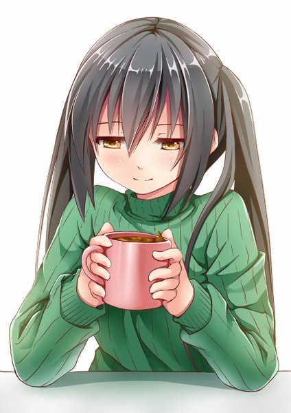 Anime picture 855x1209 with original creek (moon-sky) single long hair tall image looking at viewer black hair white background twintails brown eyes girl sweater cup