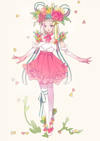 Anime picture 826x1169 with original suono single tall image looking at viewer fringe short hair open mouth blue eyes simple background blonde hair standing full body blunt bangs hair flower spread arms girl thighhighs dress gloves