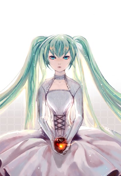 Anime picture 1414x2046 with vocaloid hatsune miku o en (artist) single long hair tall image simple background twintails aqua eyes green hair lips girl dress fruit apple
