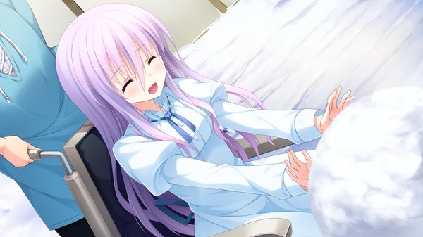 Anime picture 1920x1080 with imouto no katachi suzunomiya mayuki long hair blush highres open mouth wide image sitting game cg purple hair eyes closed girl dress wheelchair