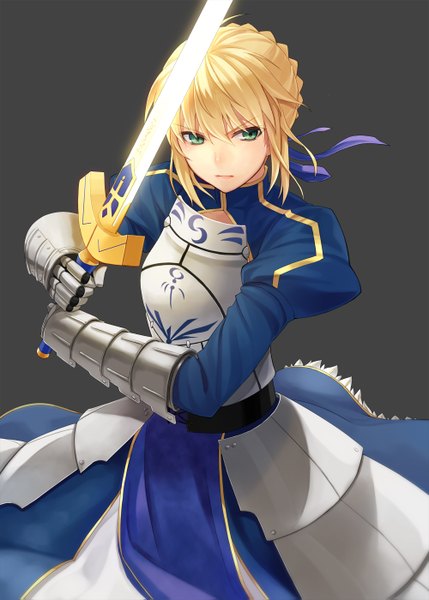 Anime picture 1000x1399 with fate (series) fate/stay night studio deen type-moon artoria pendragon (all) saber prime single tall image fringe short hair simple background blonde hair holding looking away ahoge aqua hair grey background girl dress